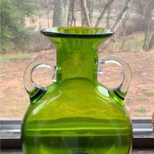 RARE! Green Glass Double-Handled Decorative Vase - Bright Green